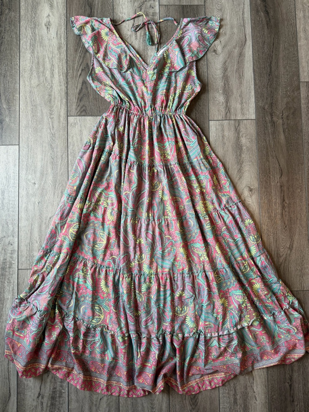 Anthropologie-Boemo-Bohemian Pink Paisley Ruffle Tie-Back Maxi Dress (S) NWOT
